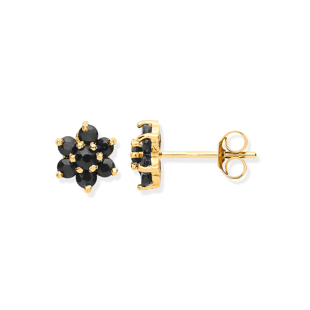 9ct Yellow Gold Black Sapphire Flower Studs – product view