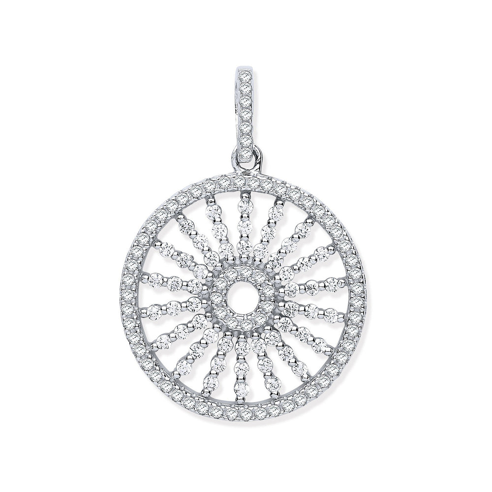 Silver Circle with Burst Lines Cubic Zirconia Pendant – product view