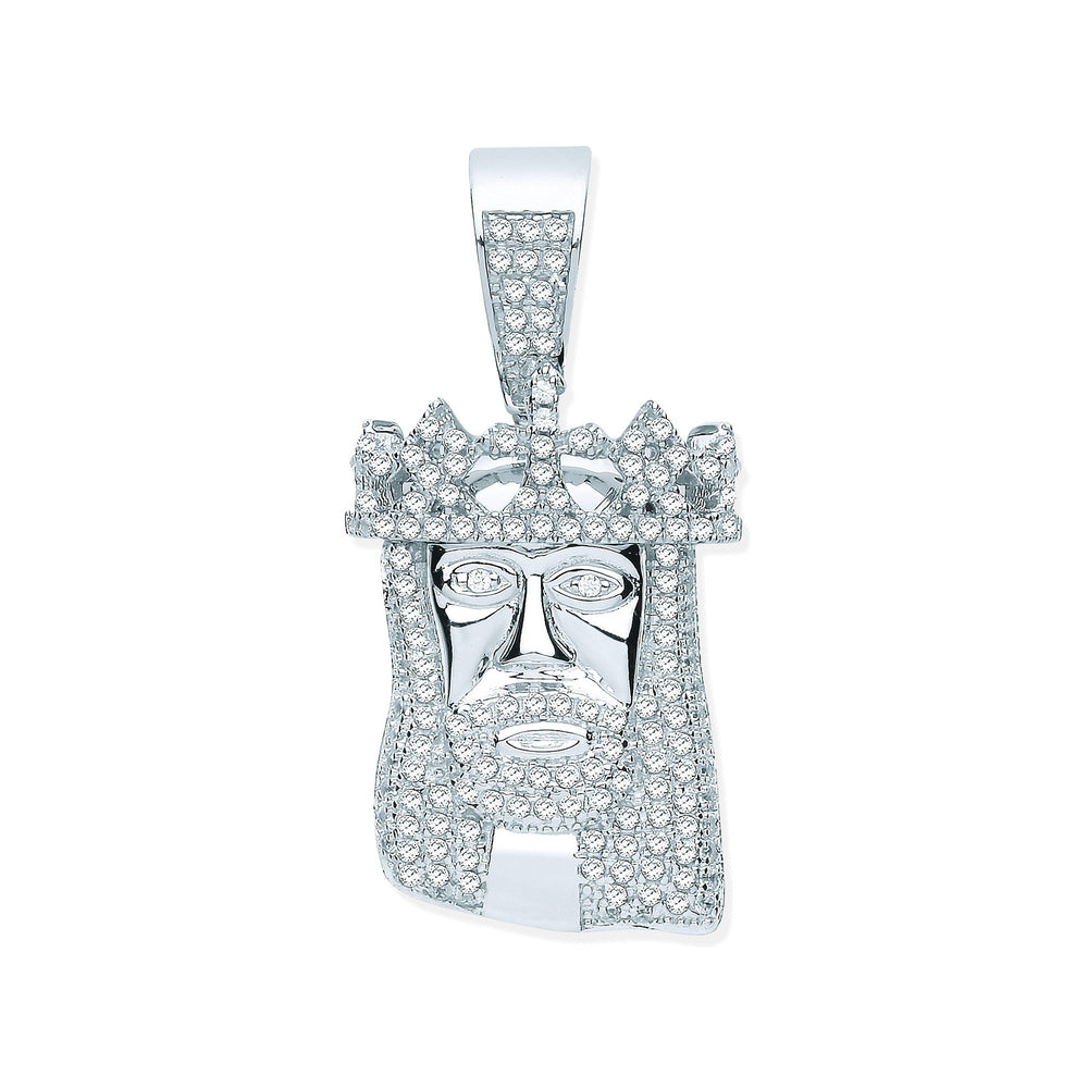 Silver Cubic Zirconia Pendant Jesus with Crown