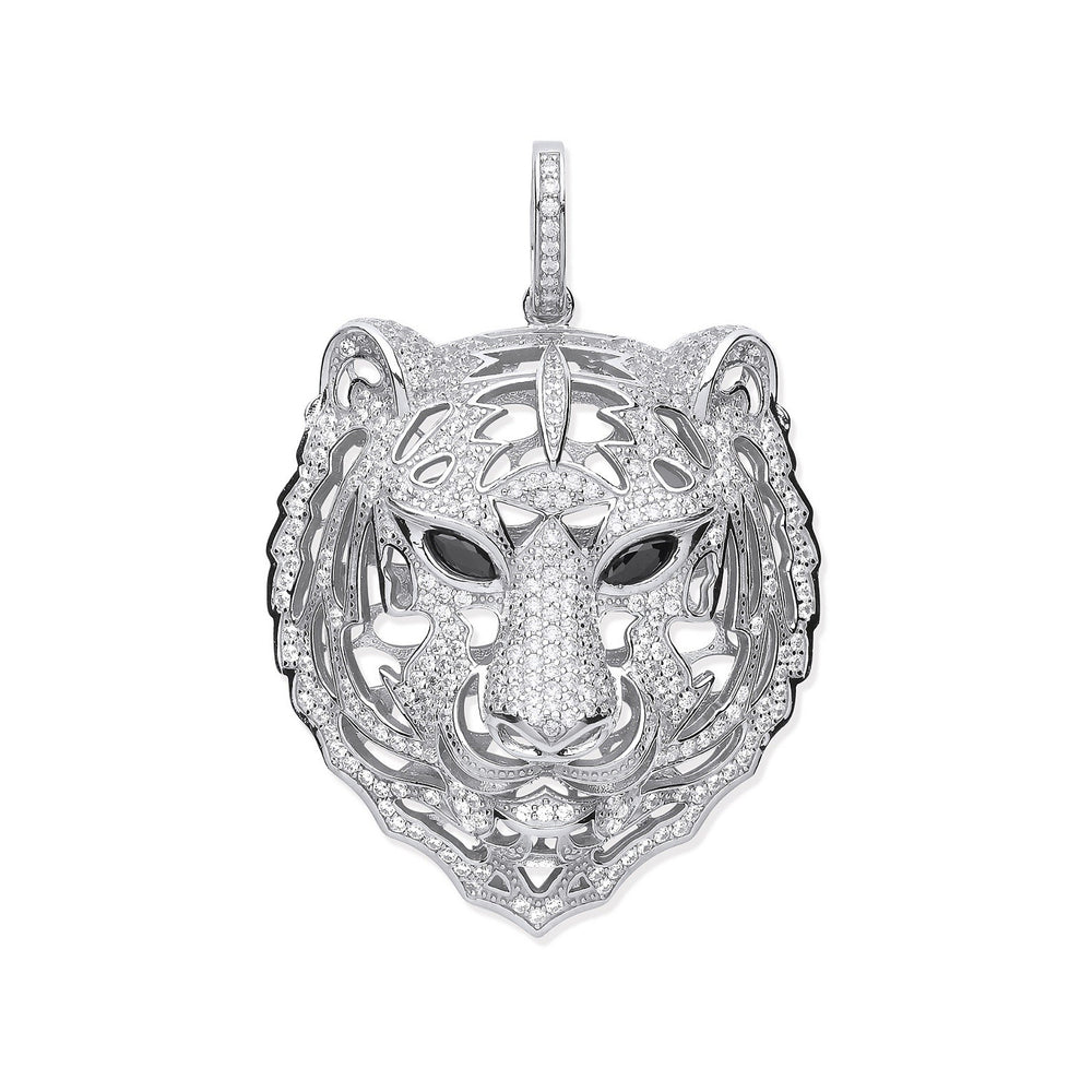 Silver Cubic Zirconia Tiger Head Black Cubic Zirconia Eyes Pendant