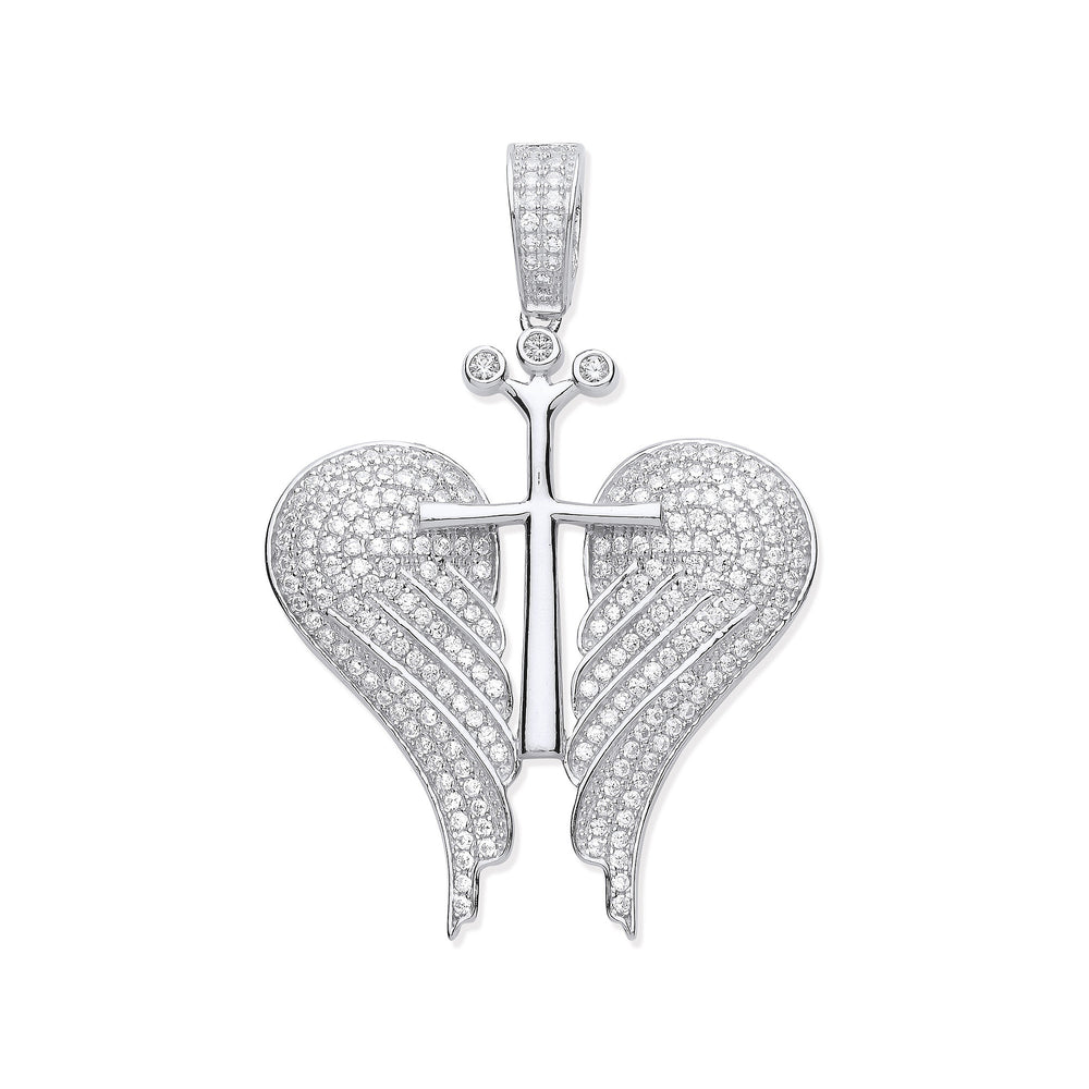 Silver Cubic Zirconia Open Angel Wings with Royal Cross Pendant