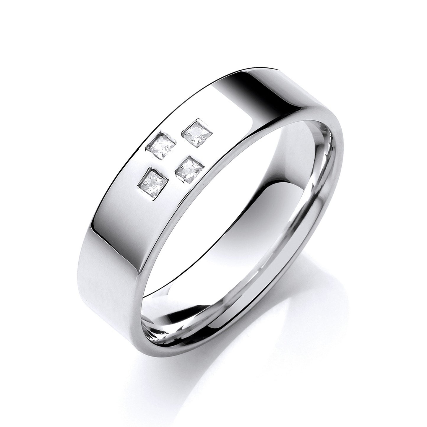 0.08ctw 4st P/C Diamond Set 6mm Flat Court Cross Style Wedding Band - Platinum