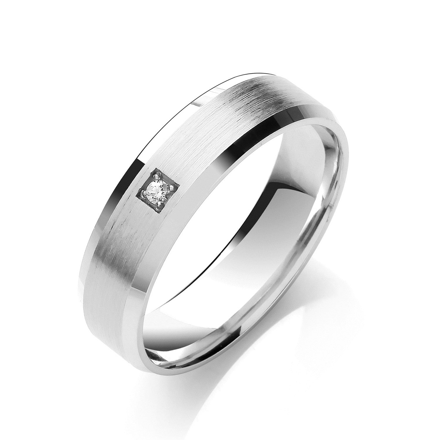 0.02ct S/S Brilliant Cut Diamond Set 6mm Flat Court Bevelled Edge Matt Centre Wedding Band - 9ct Gold