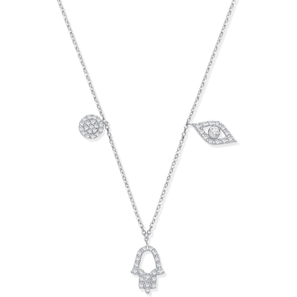 9ct White Gold 0.22ctw Evil Eye, Hamsa & Circle Pendant (18in/45cm) Chain