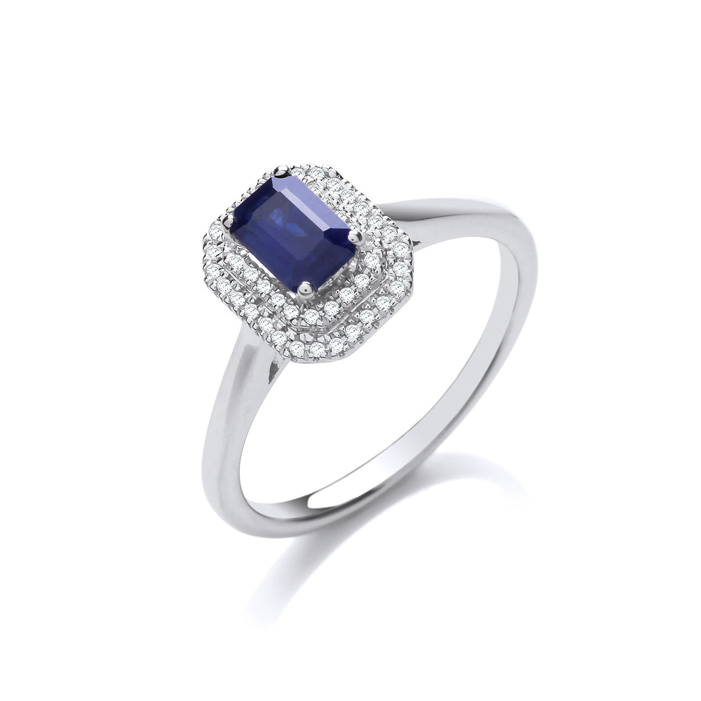 9ct White Gold Double 0.10ctw Diamond Halo Ring with 0.70ct Emerald Cut Sapphire