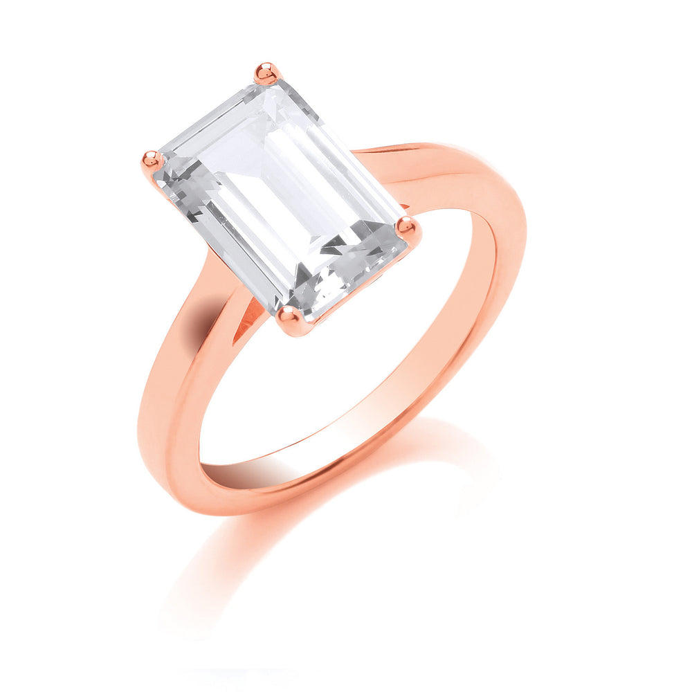 Silver Rose Gold Plated Emerald Cut Solitaire Ring