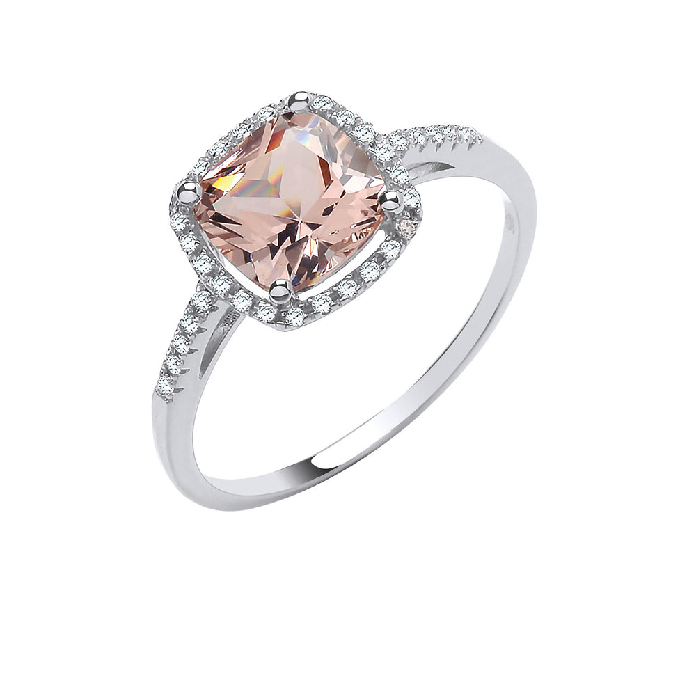 Silver Cushion Cut Synthetic Morganite & Cubic Zirconia Halo Ring
