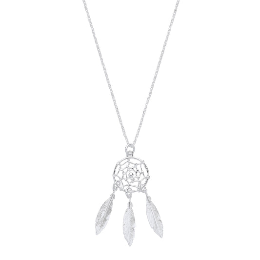 Silver Dream Catcher, Feather Spider Web 16" Chain