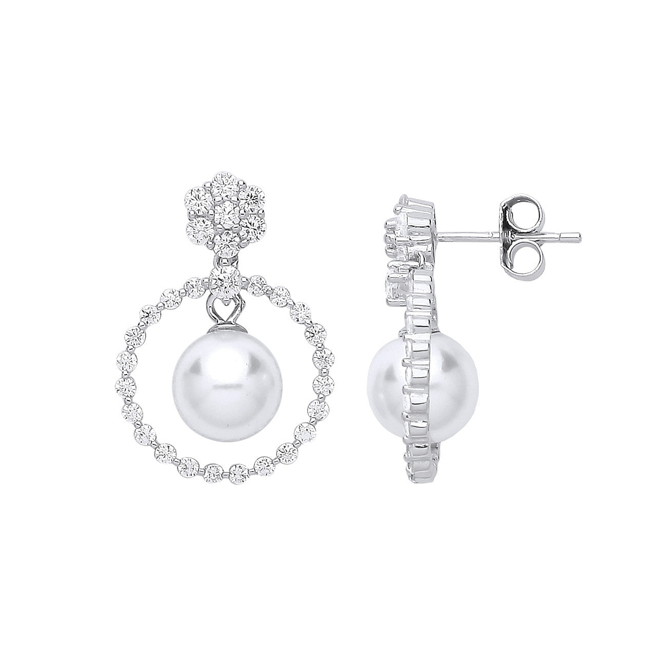 Silver Circle of Life, Pearl & Cubic Zirconia Drop Earrings