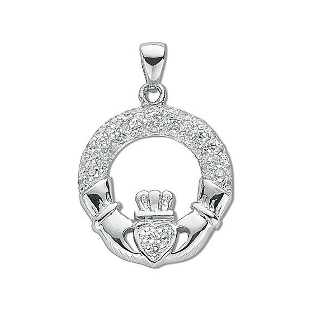 Silver Pave Set Cubic Zirconia Claddagh Drop Pendant