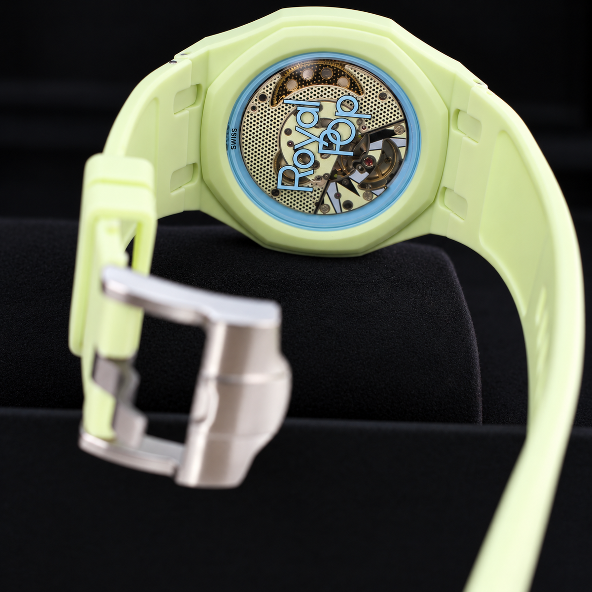 Audemars Piguet x Swatch Royal Pop Blaue Acht transparent caseback showing the movement and Royal Pop lettering