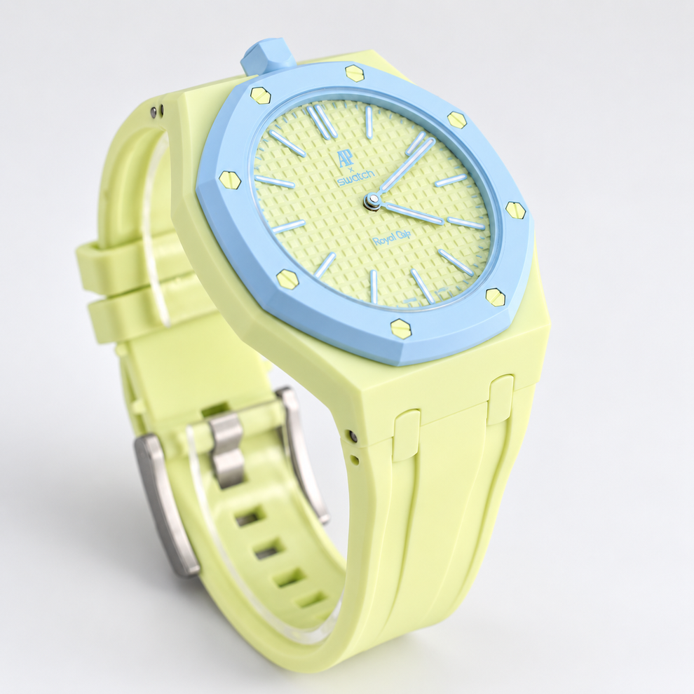 Audemars Piguet x Swatch Royal Pop Blaue Acht opposite angled view showing textured lime dial and matching strap