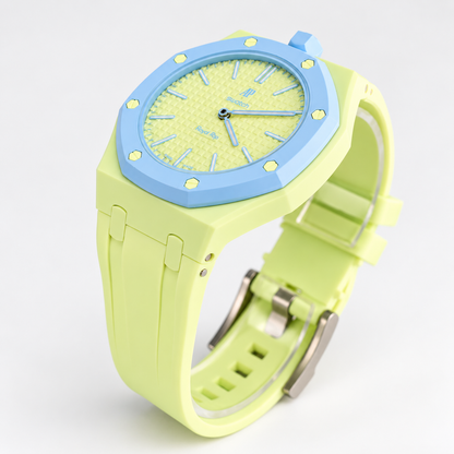 Audemars Piguet x Swatch Royal Pop Blaue Acht angled view showing light-blue bezel, lime strap and silver-tone buckle