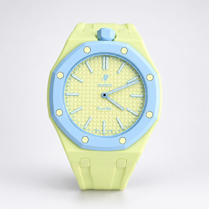 Audemars Piguet x Swatch Royal Pop Blaue Acht front view with lime dial, light-blue bezel and lime strap
