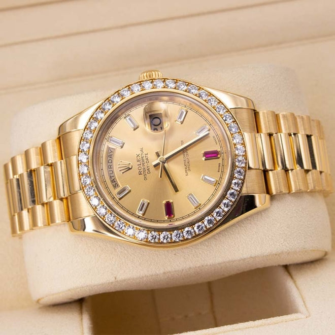 Rolex Day Date II 218348 Factory Diamond Bezel and Ruby Markers