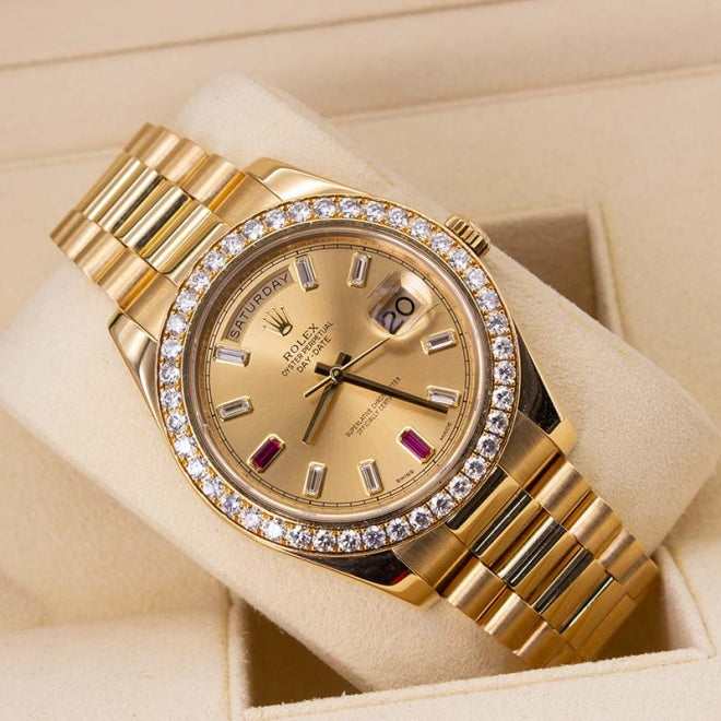 Rolex Day Date II 218348 Factory Diamond Bezel and Ruby Markers