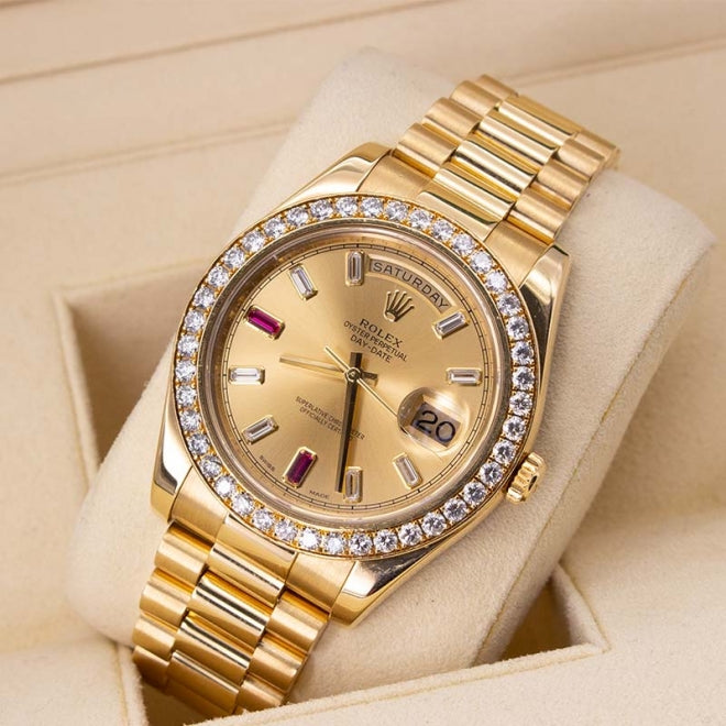Rolex Day Date II 218348 Factory Diamond Bezel and Ruby Markers