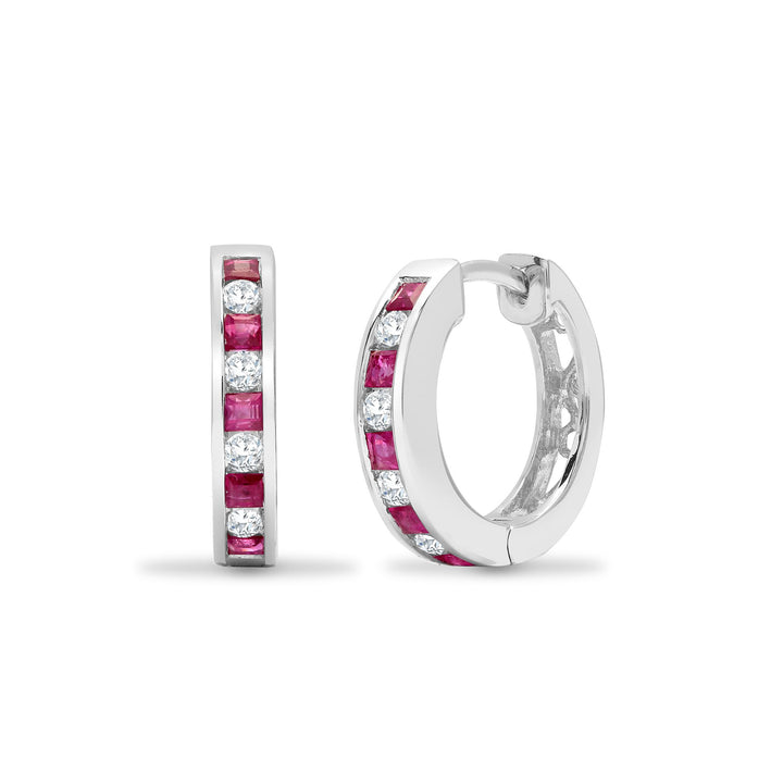 18ct White gold Natural Diamond 21pt and ruby 43pt Hoop Earrings with a hinge notched post fixing. (18E209) – product view
