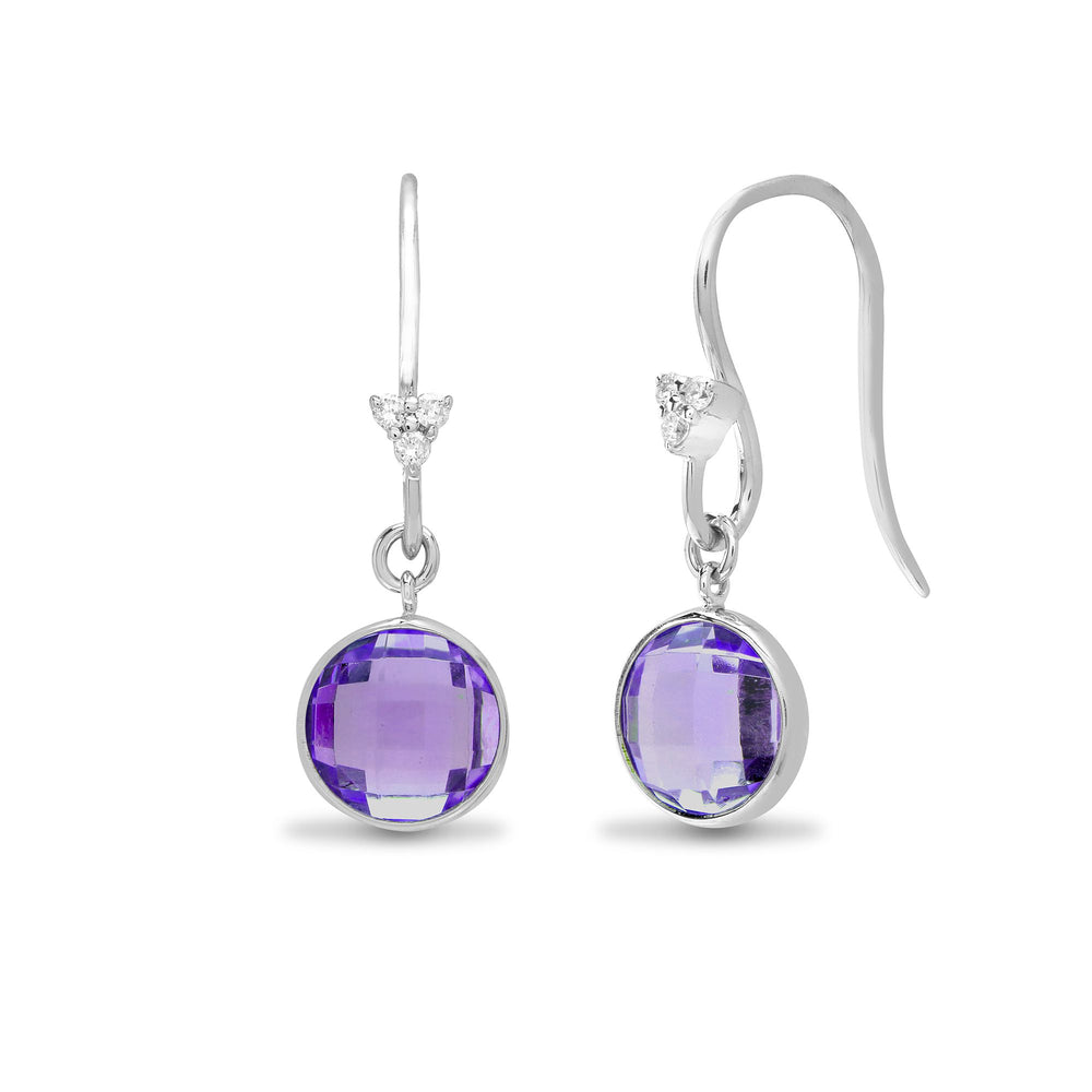 Ohrhänger aus 18 Karat Weißgold mit einem 5pt Naturdiamanten und einem 2,58 Karat Amethyst, mit Fischerhakenverschluss.