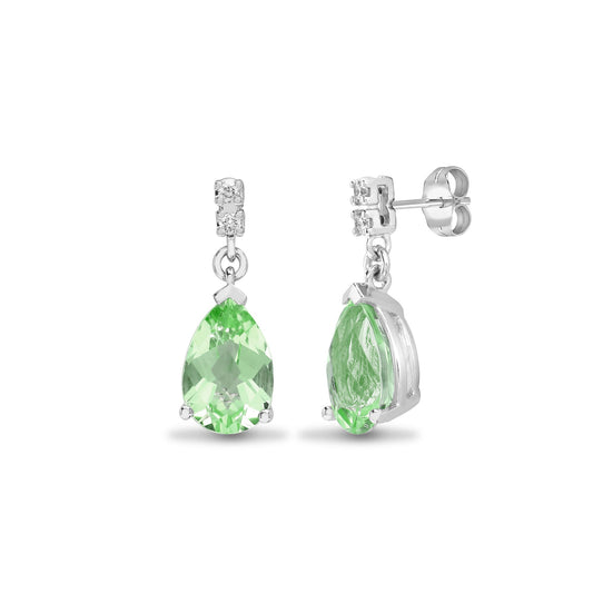 Ohrhänger aus 18 Karat Weißgold mit einem natürlichen Diamanten (0,05 Karat) und grünem Amethyst (2,38 Karat).