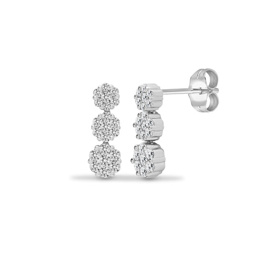 Ohrringe, 18 Karat Weißgold, 1,00 Karat, natürliche Diamanten, 3 x 7 Steine, Cluster, Hängeohrringe