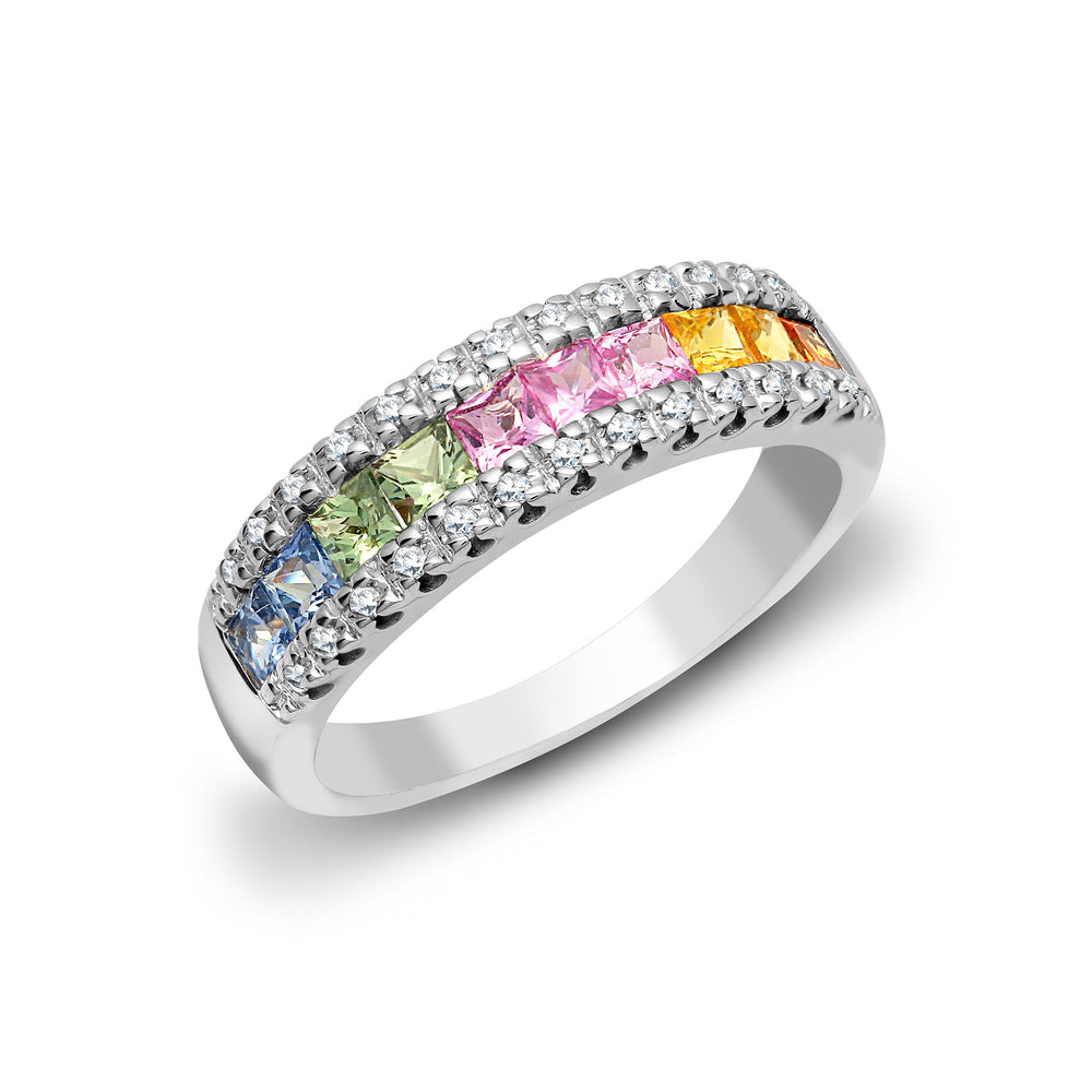 Anello in Oro Bianco 18kt con Diamanti Naturali e Zaffiri Multicolore