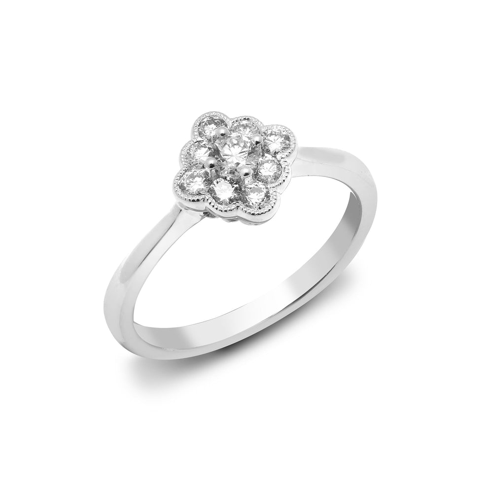 Anello a grappolo con bordo millerighe in oro bianco 18 carati e diamanti naturali da 0,40 carati