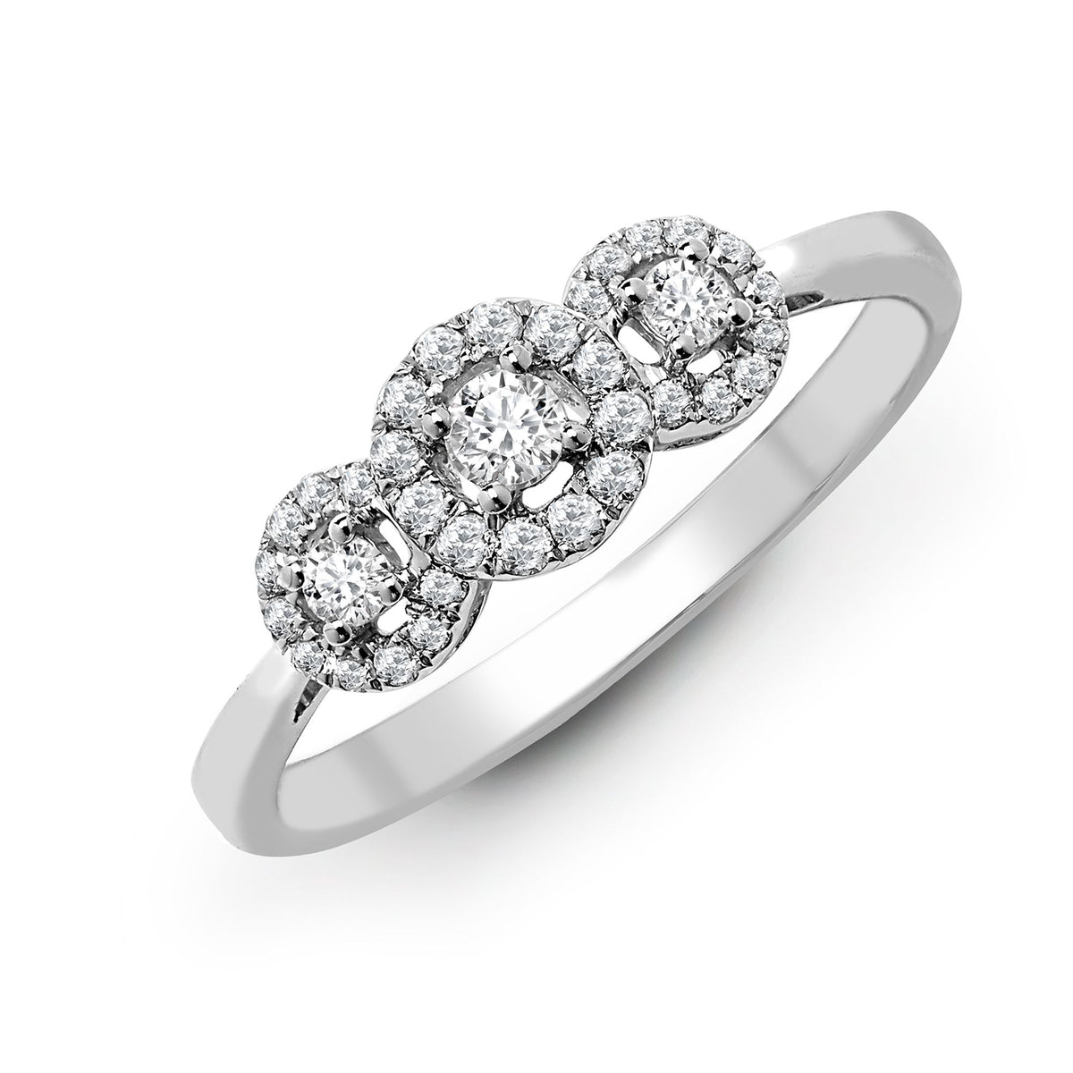 Anello Trilogy Halo in oro bianco 18 carati con diamanti naturali da 0,60 carati