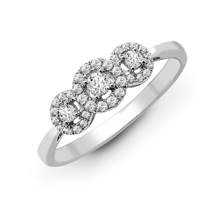 Anello Trilogy Halo in oro bianco 18 carati con diamanti naturali da 0,60 carati