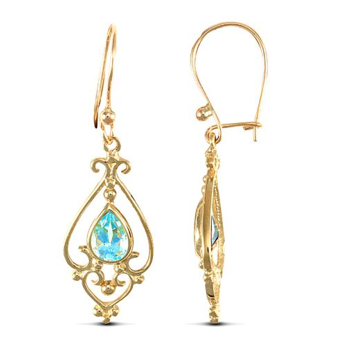 9ct yellow gold chandelier drop earrings set with a single pear-shaped blue topaz stone.