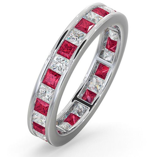 Platinum Channel Set Princess Cut Full Eternity Ring Natural Diamond 0.50ct Ruby 0.60ct G VS