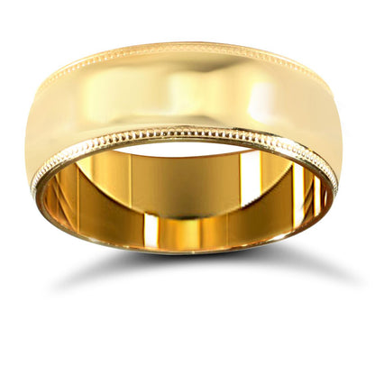 Ehering, 9 Karat Gelbgold, Standardgewicht, gewölbtes Profil, mit Millkornrand