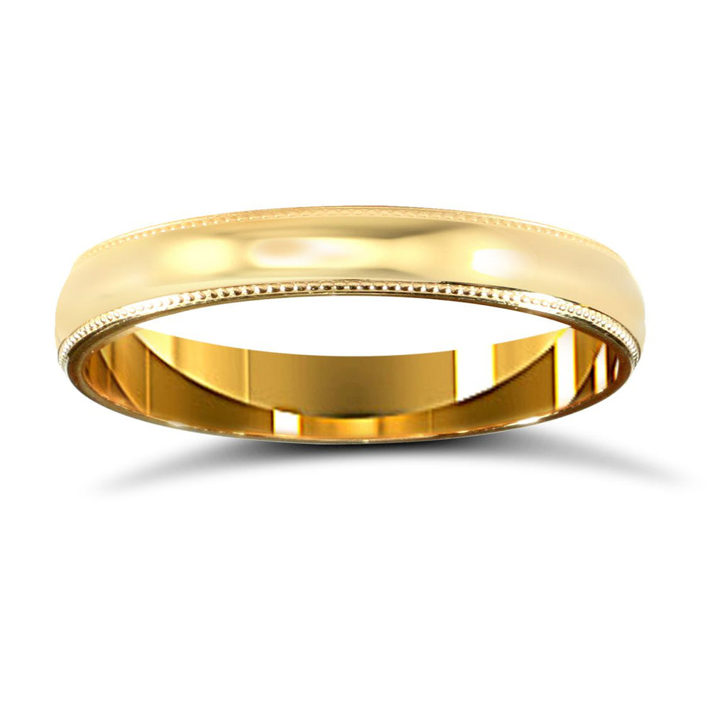 22ct Yellow Gold Standard Weight 3mm D Shaped Profile Mill Grain Wedding Ring (WDS22Y3-02) – product view