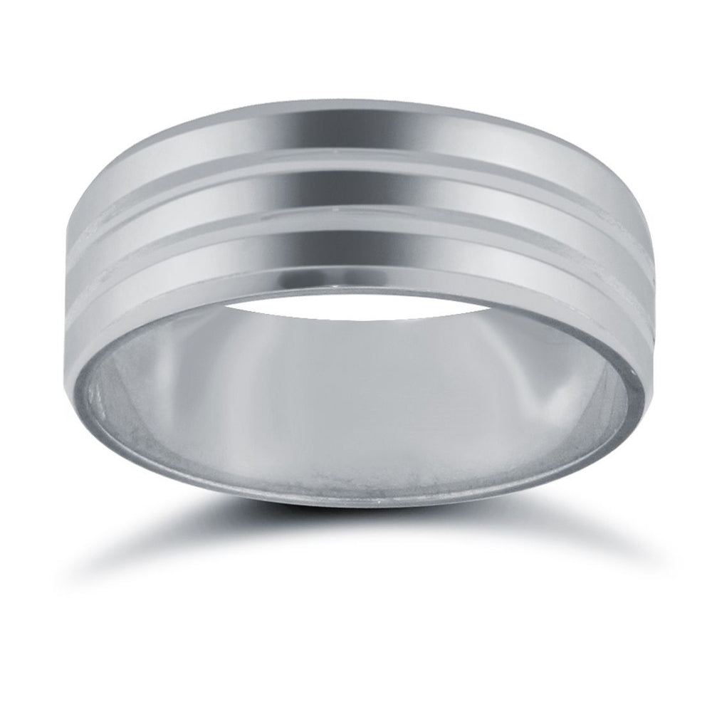 Anello Nuziale in Oro Bianco 18ct, Profilo Piatto-Curvo a Fascia, Peso Standard, con Doppia Scanalatura