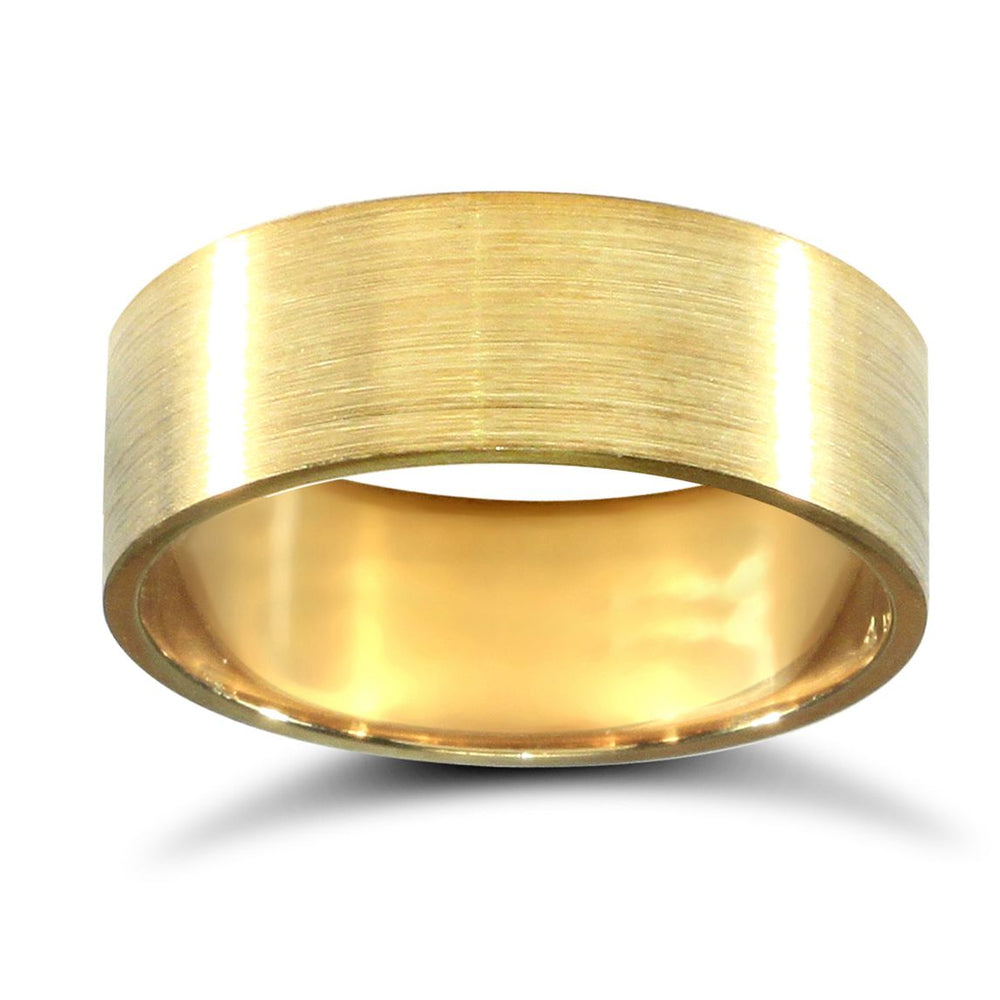 Fede nuziale a fascia piatta, modello Court, in oro giallo 18 carati, peso standard, finitura satinata