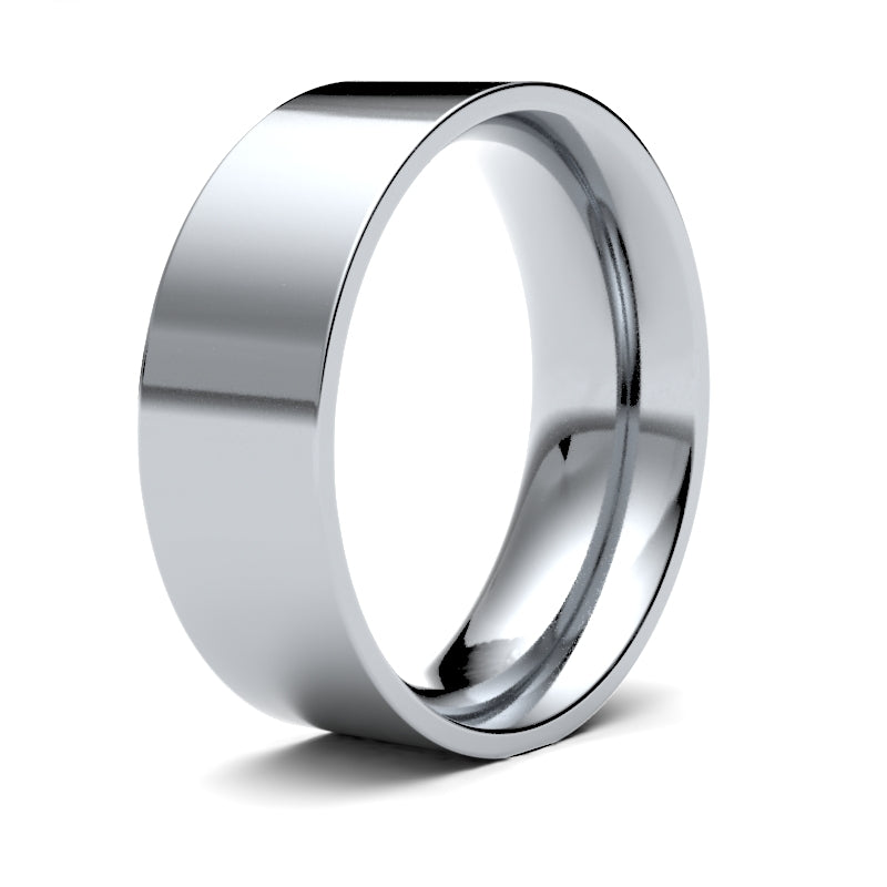 Anello nuziale in oro bianco 9ct, peso standard, modello piatto bombato, finitura a specchio