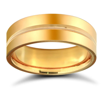 9 Karat Gelbgold Standardgewicht Flacher Court-Profil Ehering mit mittiger Rille