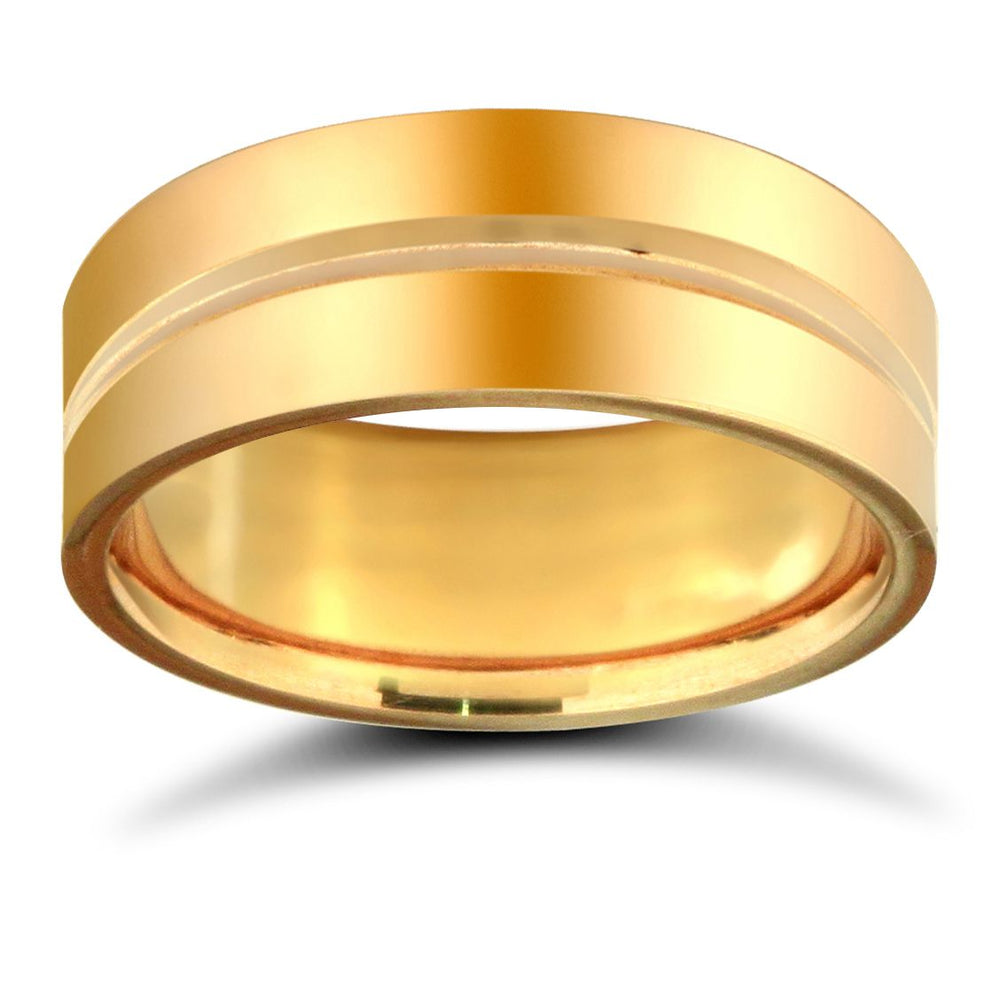 9ct Yellow Gold Standard Weight Flat Court Profile Centre Groove Wedding Ring – product view