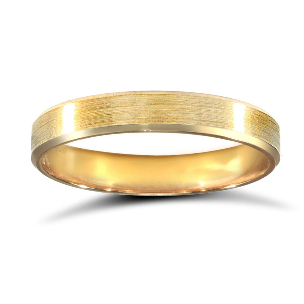 Fede nuziale in oro giallo 18ct, peso standard, profilo piatto, finitura satinata e bordo smussato