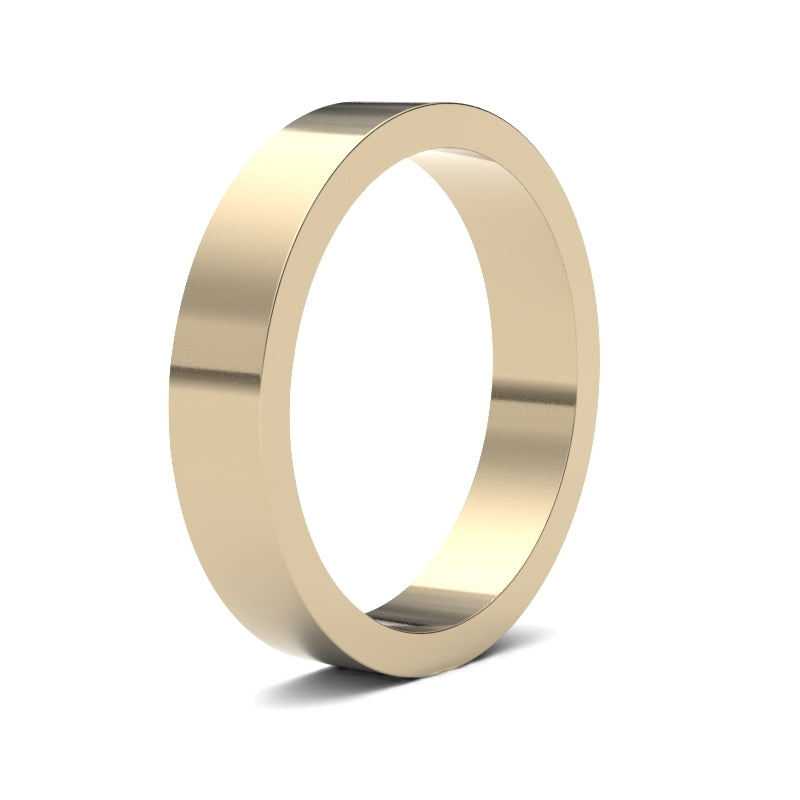 Anello nuziale a profilo piatto in oro giallo 18 carati a peso standard con finitura a specchio