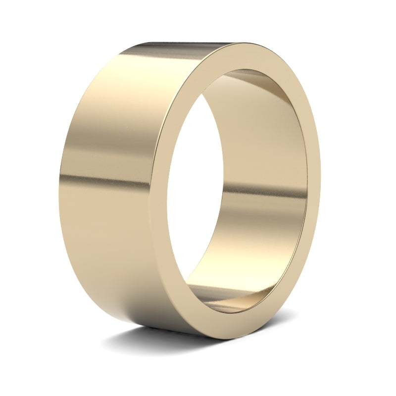 Anello nuziale a profilo piatto in oro giallo 18 carati a peso standard con finitura a specchio