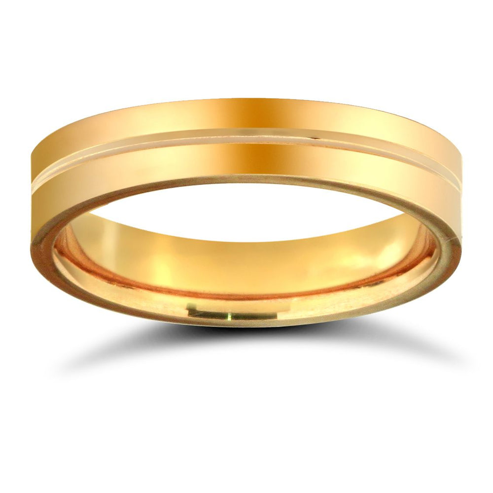 Anello nuziale in oro giallo 9 carati, peso standard, profilo piatto, con scanalatura centrale