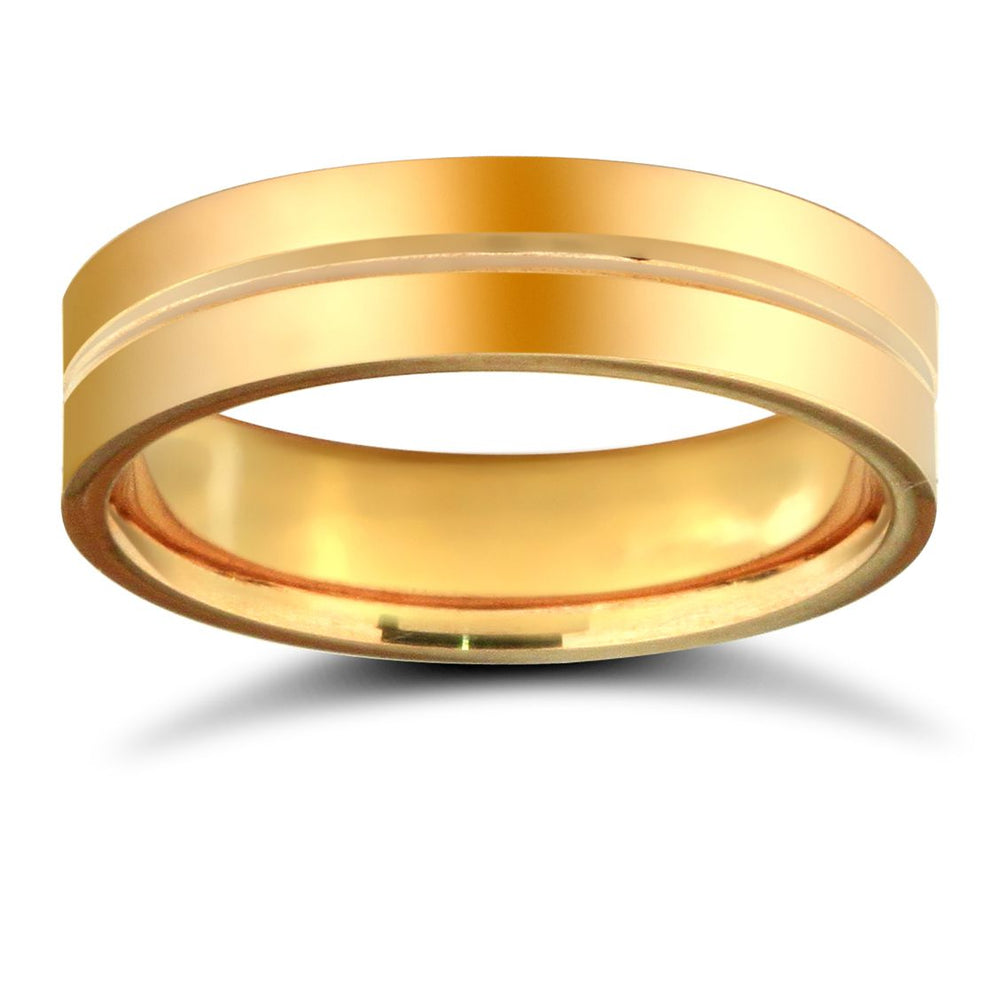 Anello nuziale in oro giallo 9 carati, peso standard, profilo piatto, con scanalatura centrale