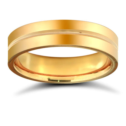 9 Karat Gelbgold Ehering, Standardgewicht, flaches Profil, zentrale Rille