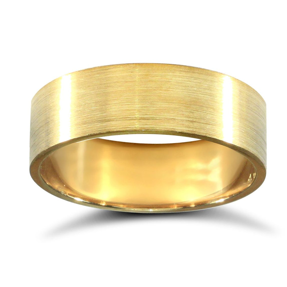 Fede nuziale 9kt in oro giallo, peso standard, profilo piatto, satinata