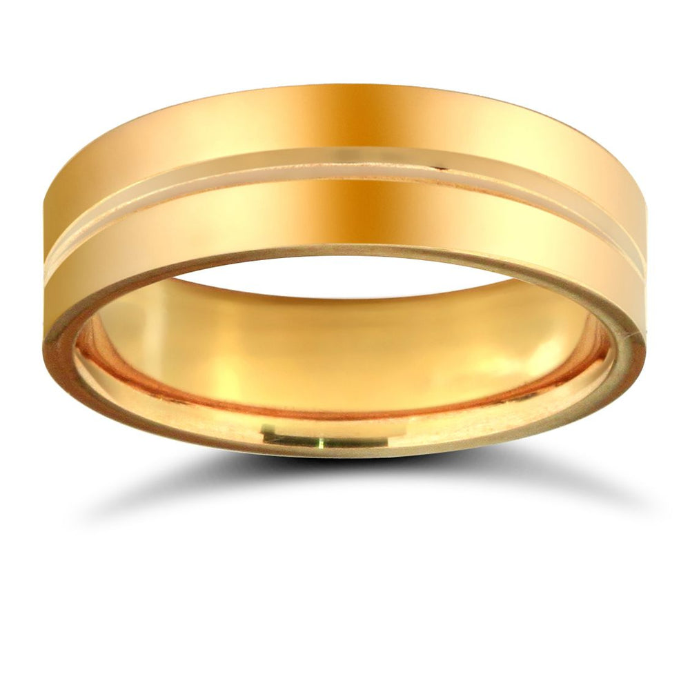 Anello nuziale in oro giallo 9 carati, peso standard, profilo piatto, con scanalatura centrale