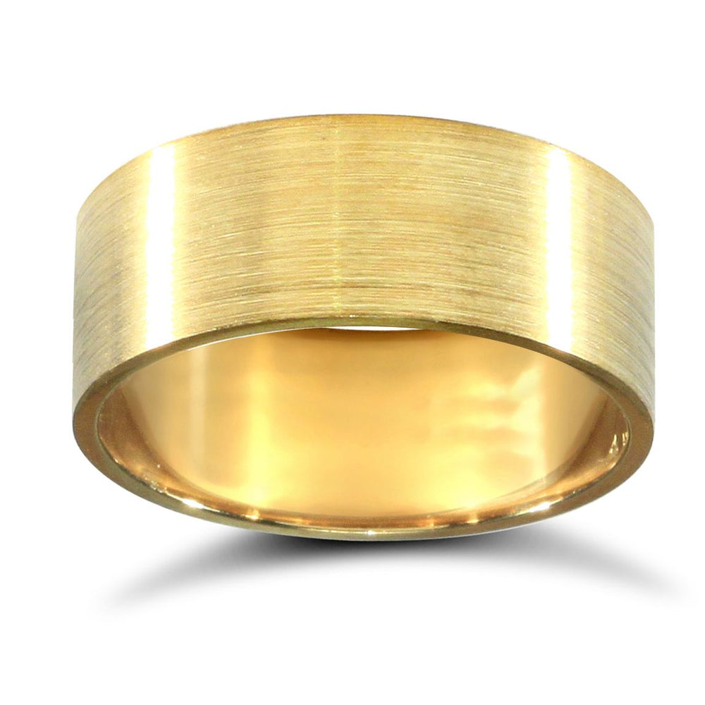 9 Karat Gelbgold Ehering mit flachem Profil und satiniertem Finish, Standardgewicht
