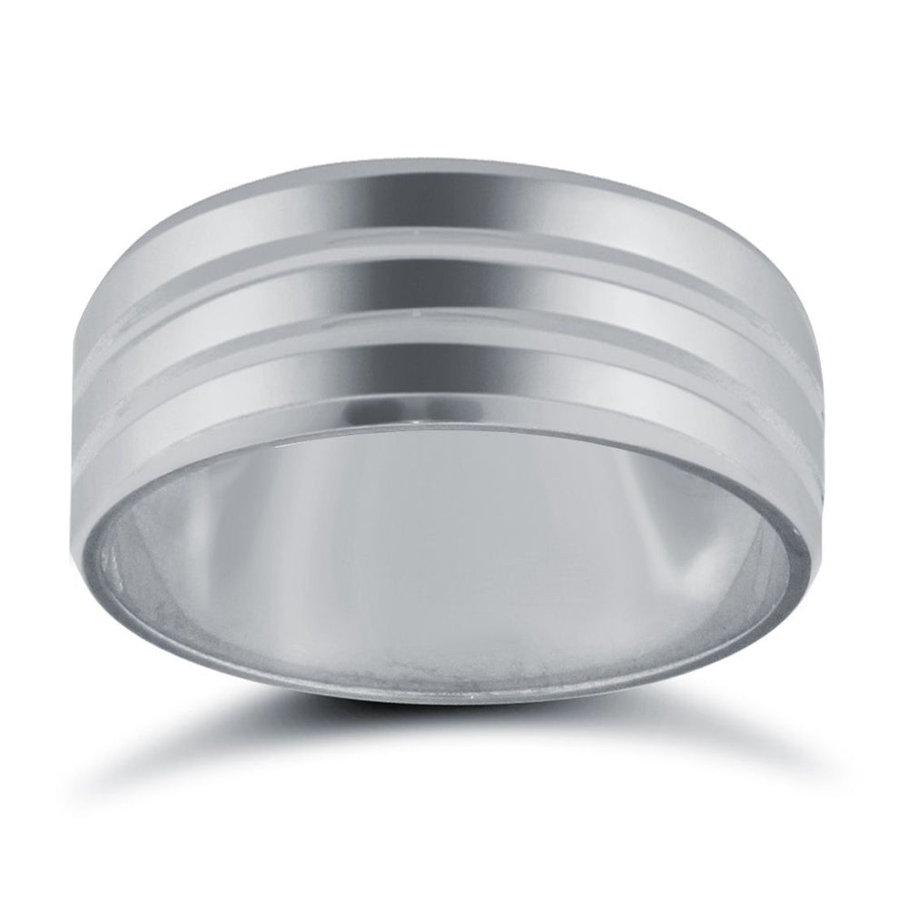 Ehering aus Platin mit flachem Profil und doppelter Rille, Standardgewicht