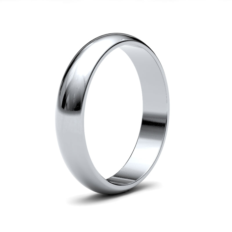 Anello nuziale in oro bianco 18kt, 4mm, profilo a D leggero, finitura a specchio