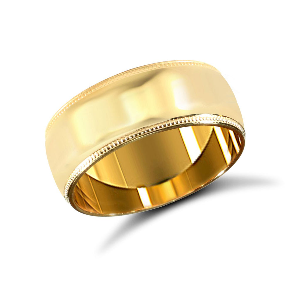 Anello nuziale a fascia piatta, peso standard, in oro giallo 18 carati con lavorazione a milligrana